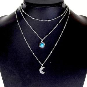 Silver and teal three layered moon necklace bohemian style